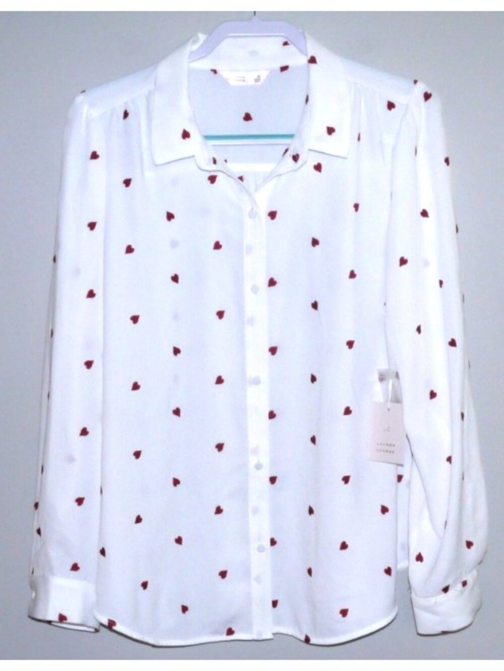 Lauren Conrad sheer white button blouse shirt with red hearts Women's XL, New